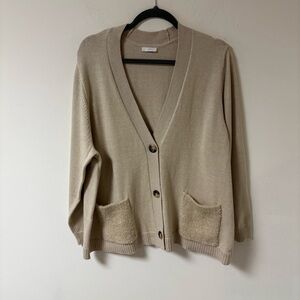 J Jill Beige Women's Cardigan Sweater with Pockets Cotton Blend XL